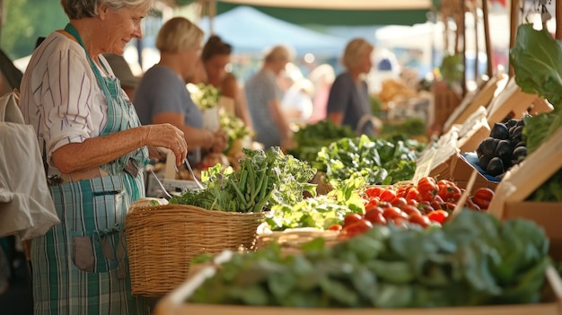 Photo a woman shopping at a farmers market with a basket of vegetables