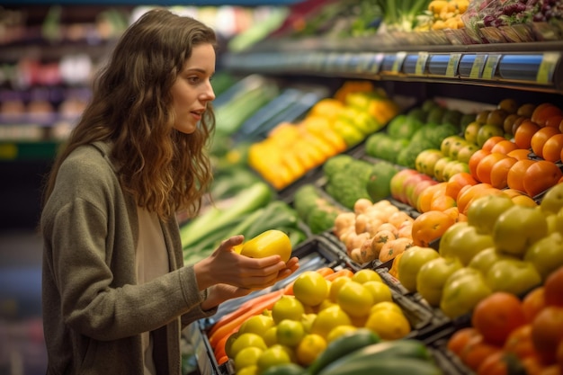 woman shopping for groceries fruits and vegetables in a grocery supermarket store