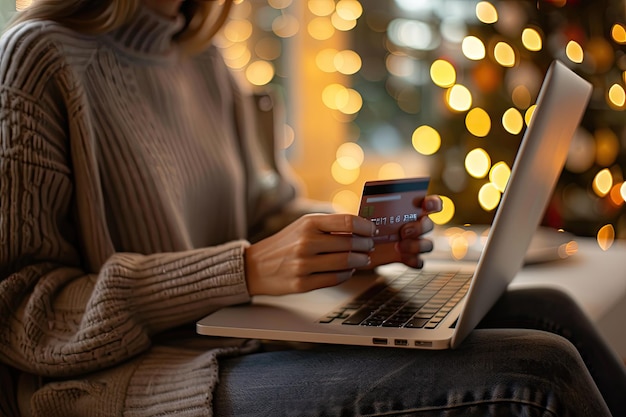 Photo woman shopping online holding credit card and laptop