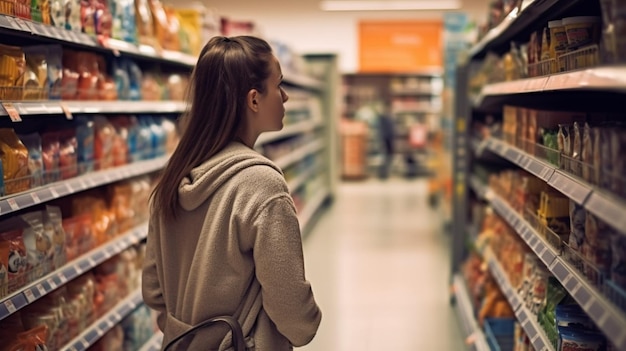 A woman shopping in a supermarket with a sign that says'food'on it