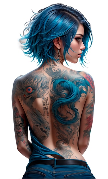 woman short blue hair swept to one side displays a canvas of tattoos narrating her story across