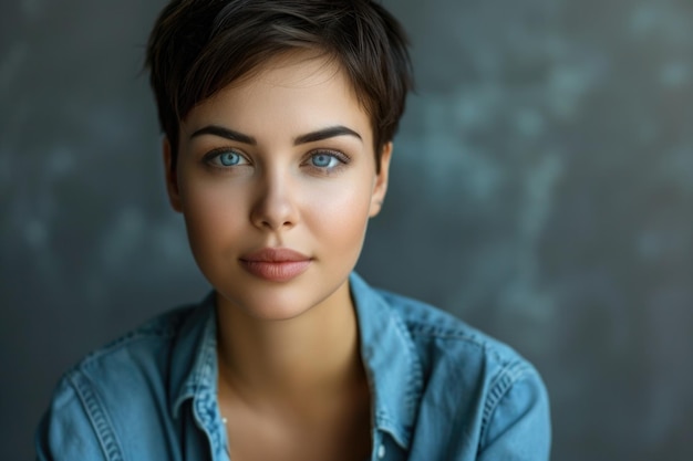 Woman Short Hair Attractive Young Woman with Short Hair in Casual Blue Attire