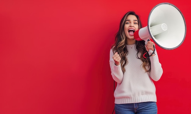 Photo woman shouting into a megaphone against red background