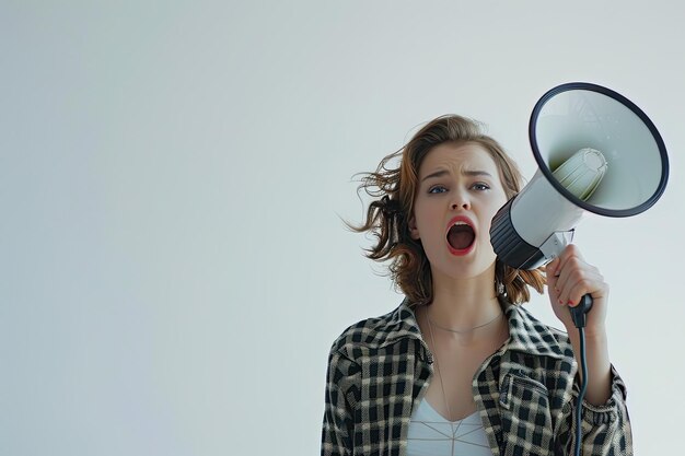 Photo woman shouting into a megaphone medium shot