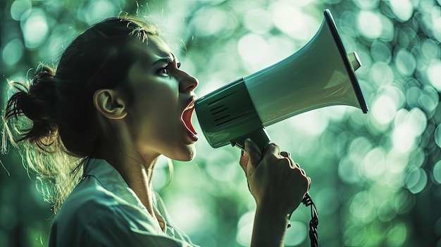 Photo a woman shouts into a megaphone with a determined expression on her face a blurred green background behind her