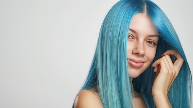 Woman showcasing blue sleek shiny hair postshampoo Portrait of beauty and haircare