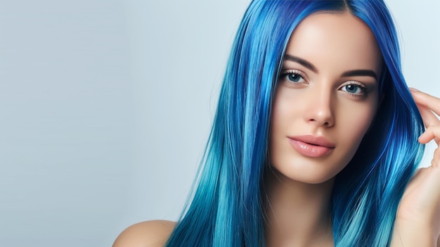 Woman showcasing blue sleek shiny hair postshampoo Portrait of beauty and haircare