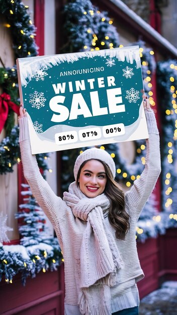 Photo woman showing banner of winter sale