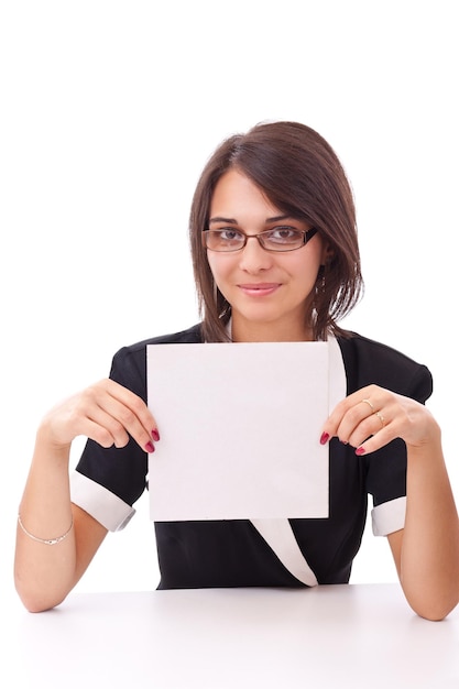 Woman showing a blank board