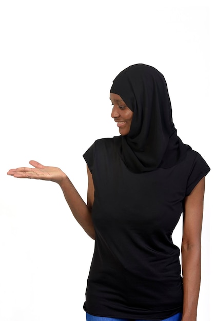 Woman showing his palm of hand on white background