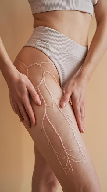 Photo woman showing varicose and spider veins on the skin of her thigh