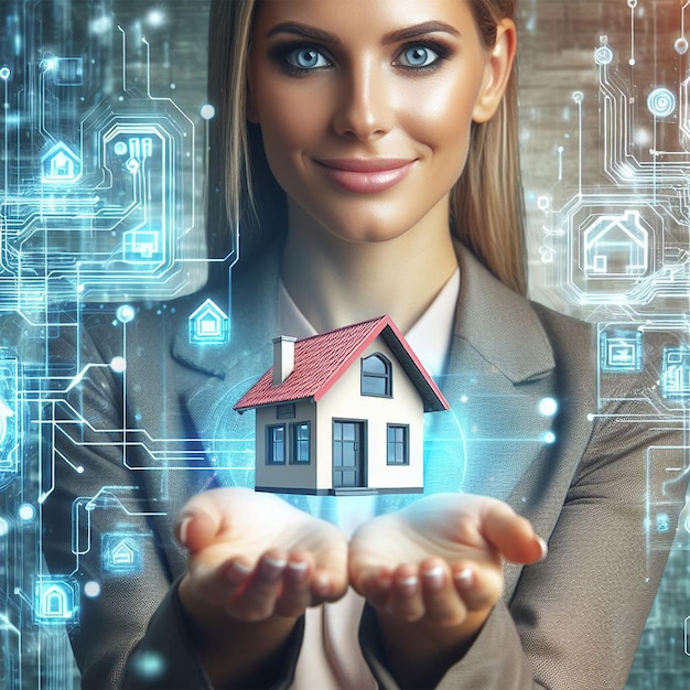 Woman showing with one hand a mini house Real state concept Ai generative