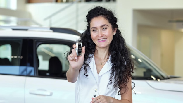 Woman shows car keys to won vehicle in automobile salon