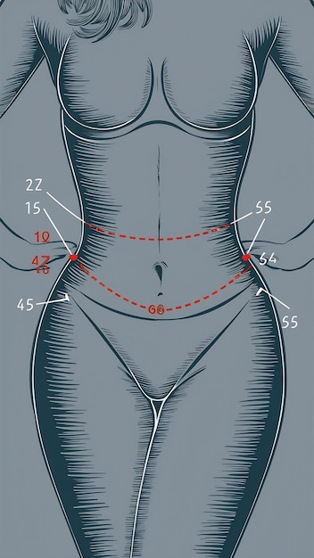 Photo a woman shows a dotted line on her body liposuction zone