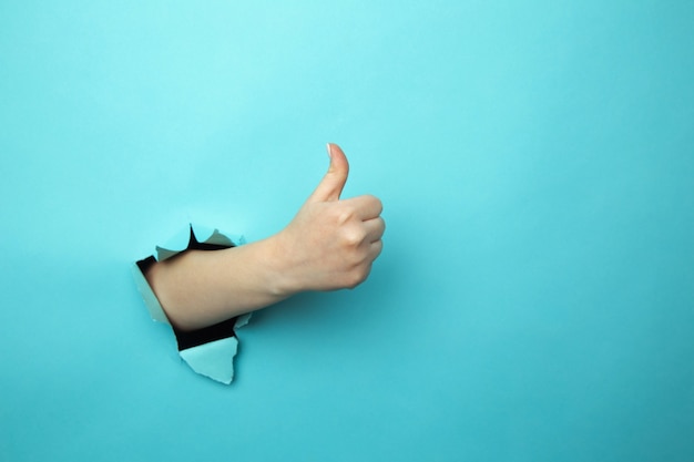 Woman shows like gesture through torn blue wall, keeps thumb up, says you are best, demonstrates approval sign, recommends something. Copy space aside for your advertising content