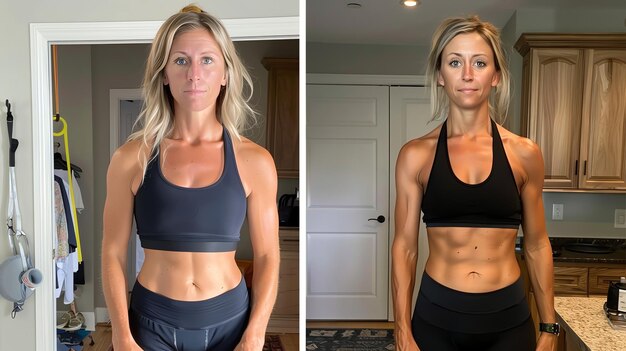 Photo a woman shows off her before and after fitness transformation