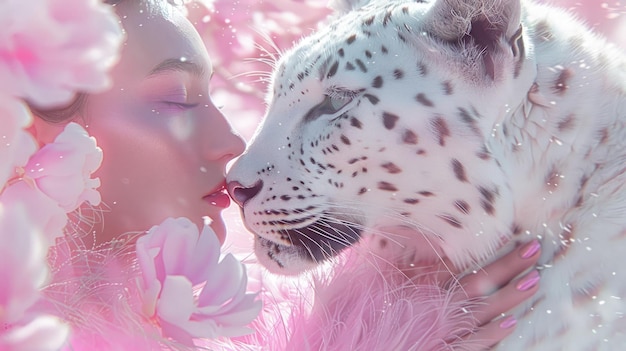 Photo woman shows tenderness by kissing a leopard peaceful bond between wildlife and human aigm