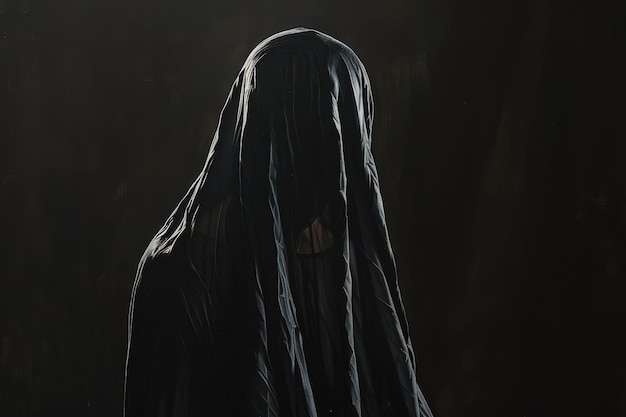 Photo a woman shrouded in a black cloak stands in the darkness a mysterious figure emerging from shadows on a black canvas