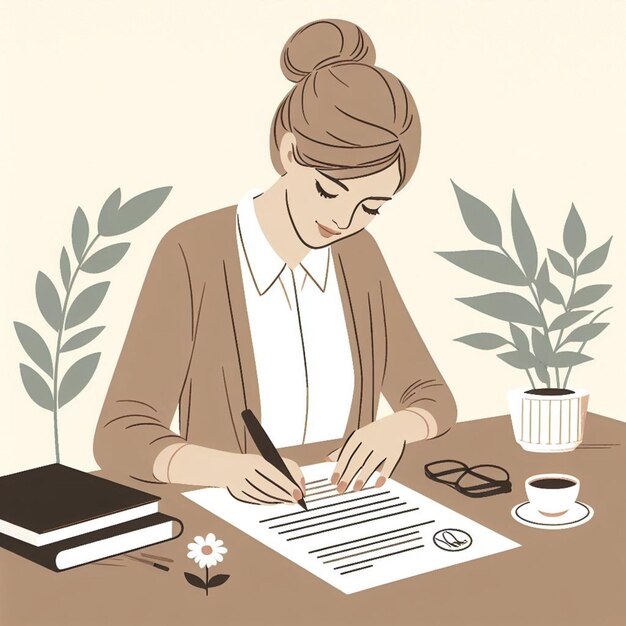 Woman sign document Retro illustration Accountant