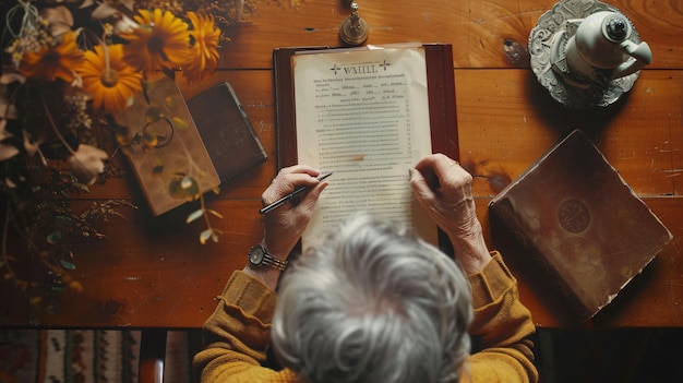 Photo woman signing last will and testament at wooden table