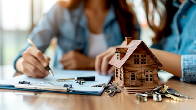 Woman signing real estate contract with house model