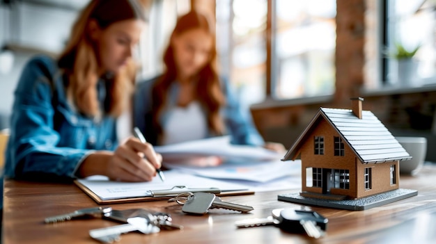 Woman signing real estate documents with house model