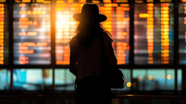 Woman in silhouette against an airport departure board evoking travel adventure and possibilities