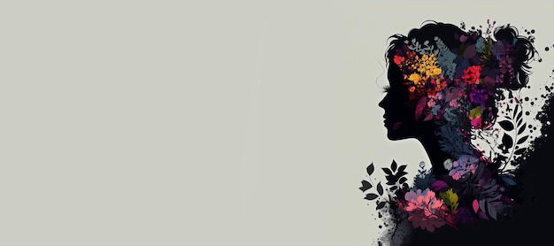 Woman silhouette flowers head Generative AI