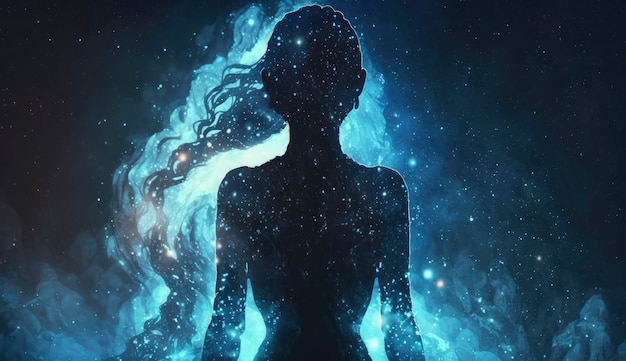 Woman silhouette meditating on cosmic background Spiritual awakening and meditation concept Astral body afterlife Created with Generative AI