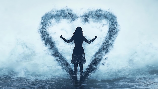 Photo woman silhouette standing in a heartshaped cloud formation