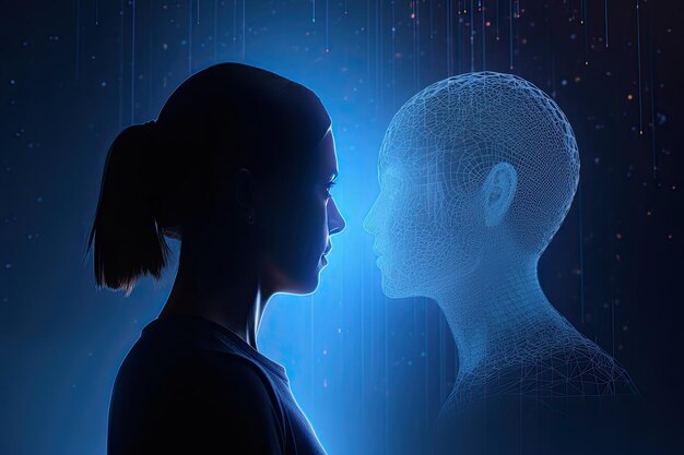 Woman silhouette vs artificial intelligence in blue background