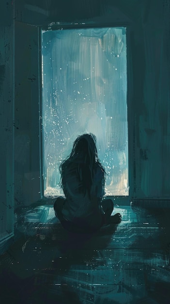 Woman Silhouetted in Front of Rainy Window Embracing Solitude in Dark Room