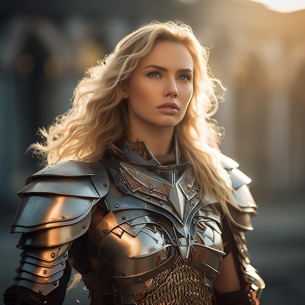 a woman in a silver armor with a gold design on her chest