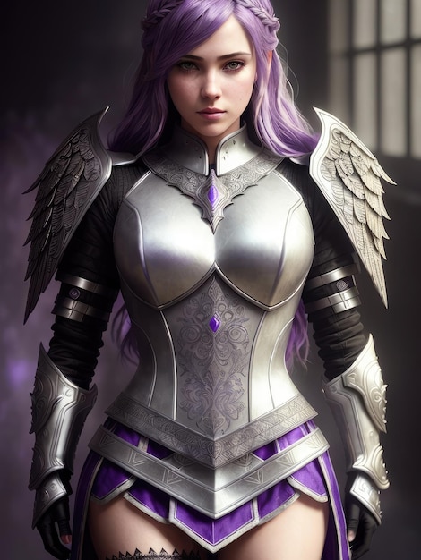 A woman in a silver armor with purple hair stands in front of a window.