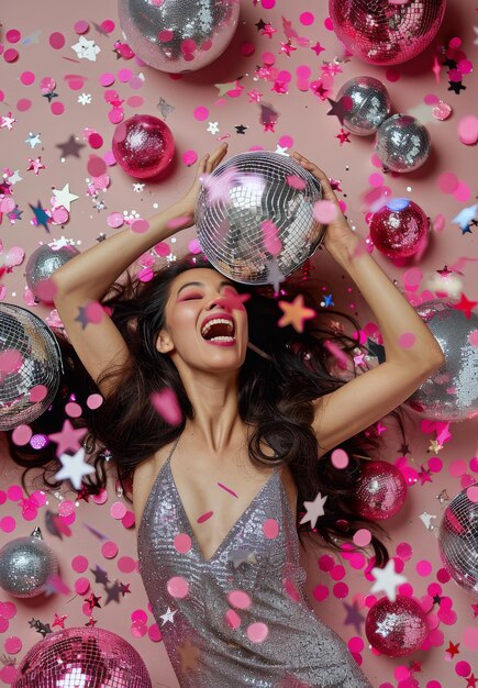 Woman in Silver Dress Surrounded by Disco Balls and Confetti