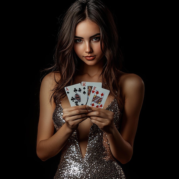 a woman in a silver dress with a poker card in her hands