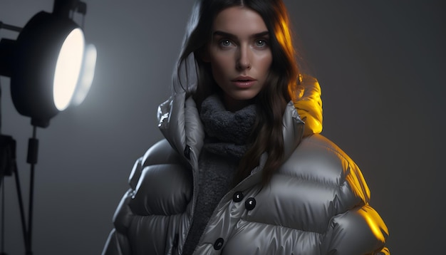 A woman in a silver puffer jacket stands in front of a light that says'the brand is on the cover. '