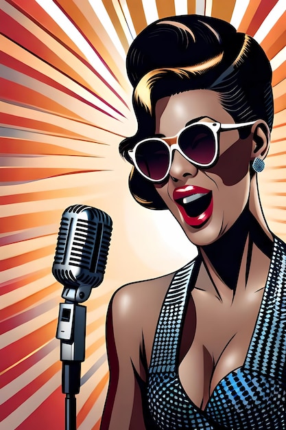 Woman singer singing a song with vintage microphone Comic book style generative AI illustration