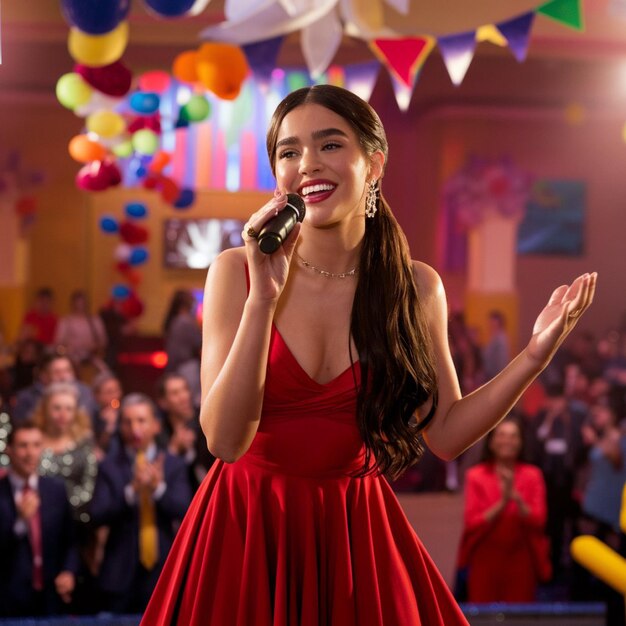 a woman singing in front of a crowd of people