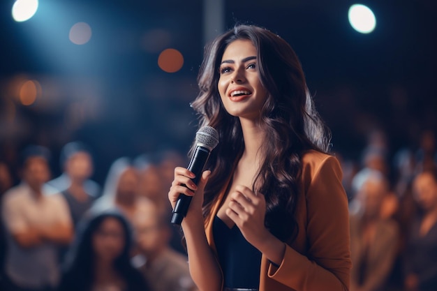 a woman singing in front of a crowd with a microphone