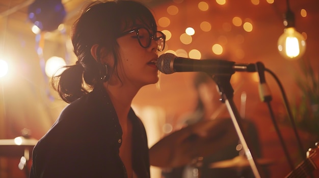 a woman singing into a microphone with a microphone in front of her