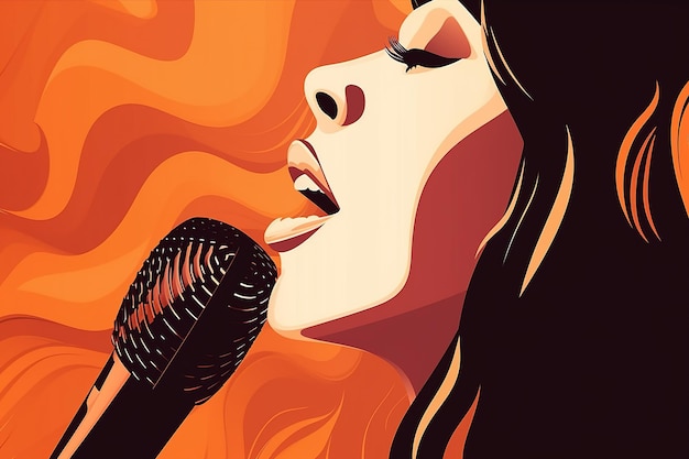 A woman singing into a microphone with a red background.