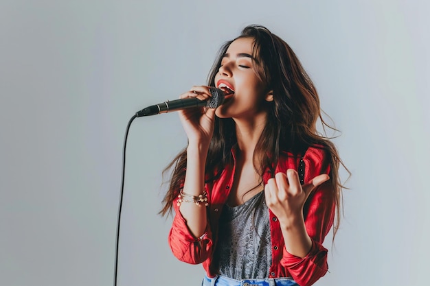 a woman singing into a microphone with the word  on it