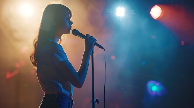 a woman singing into a microphone with the words  the word  on the bottom