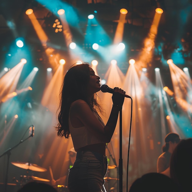 a woman singing into a microphone with the words  the word  on the front