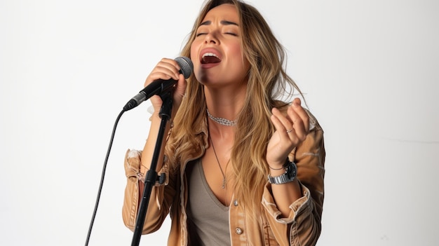 Woman singing song on white background