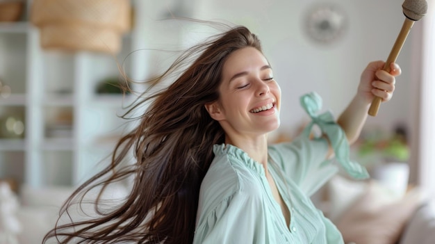 Photo a woman singing with joy