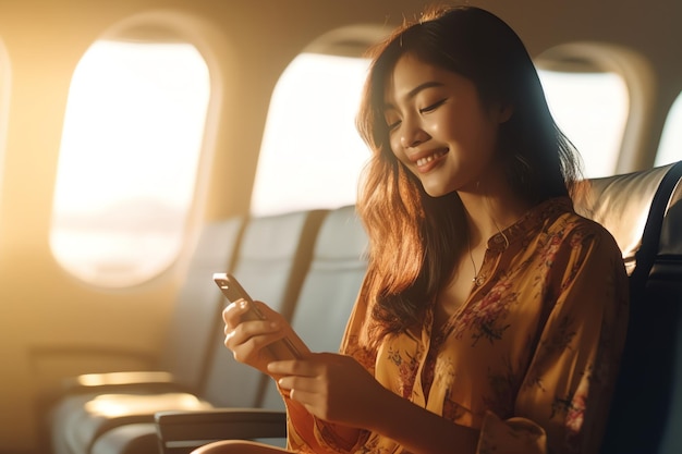 A woman sits in an airplane and smiles at the camera