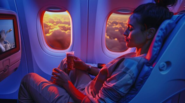 Photo a woman sits in an airplane with a window that says  a  on it