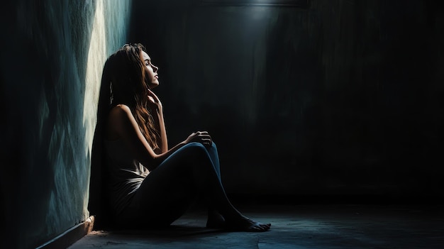 A woman sits alone in a darkened room looking off into the distance with light filtering in from a window